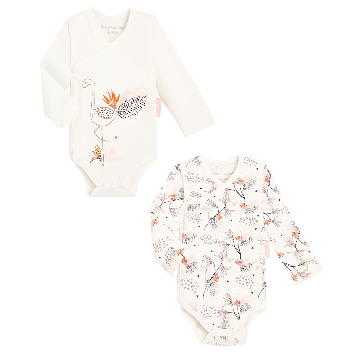 Lot De 2 Bodies Bebe Fille Croises Manches Longues Contenant Du Coton Bio Exotic Bird Petit Beguin