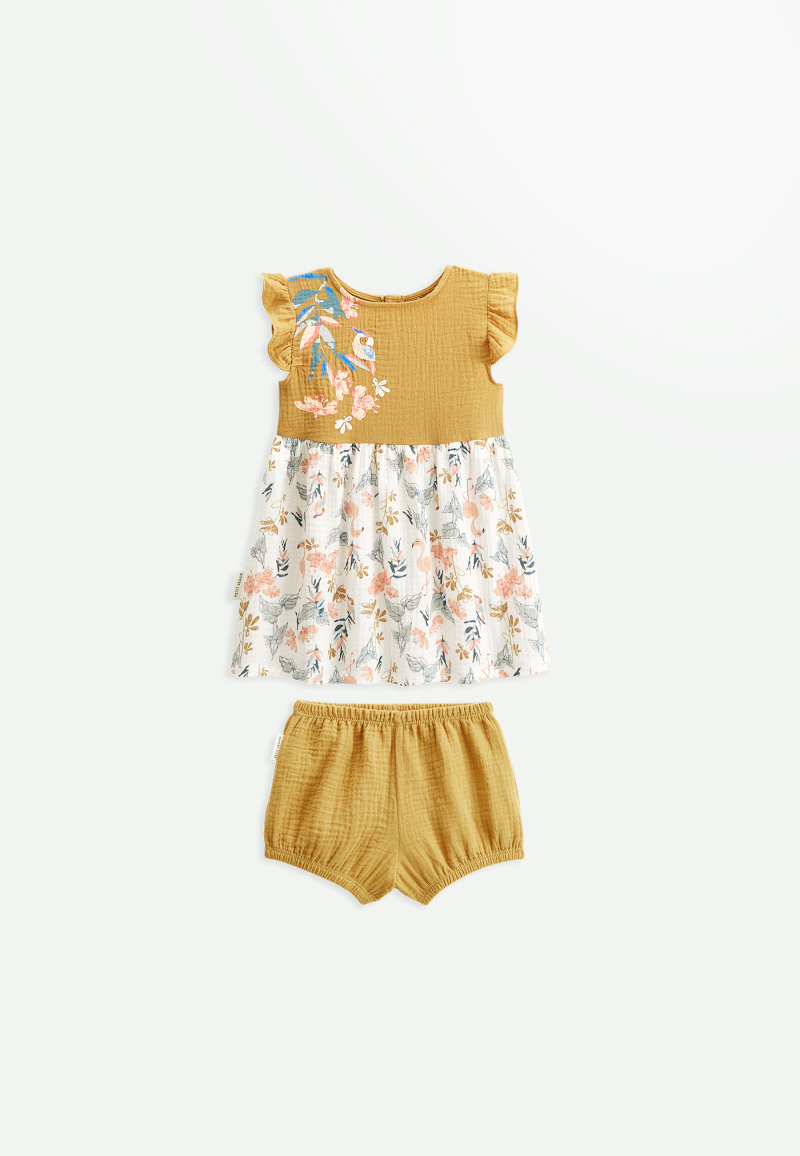 Robe bébé + bloomer en gaze de coton Flamingo