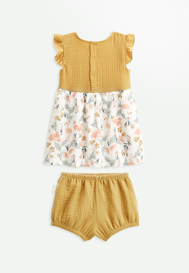 Robe bébé + bloomer en gaze de coton Flamingo