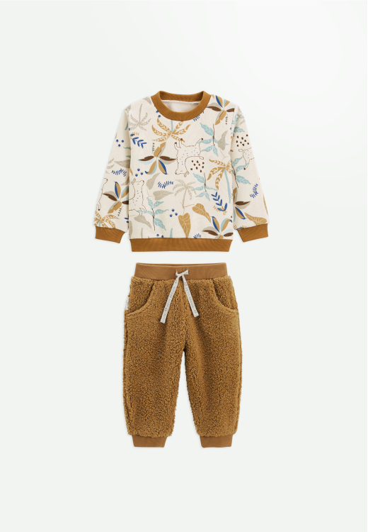 Ensemble bébé sweat-shirt en molleton et pantalon en sherpa écru Lamascotte