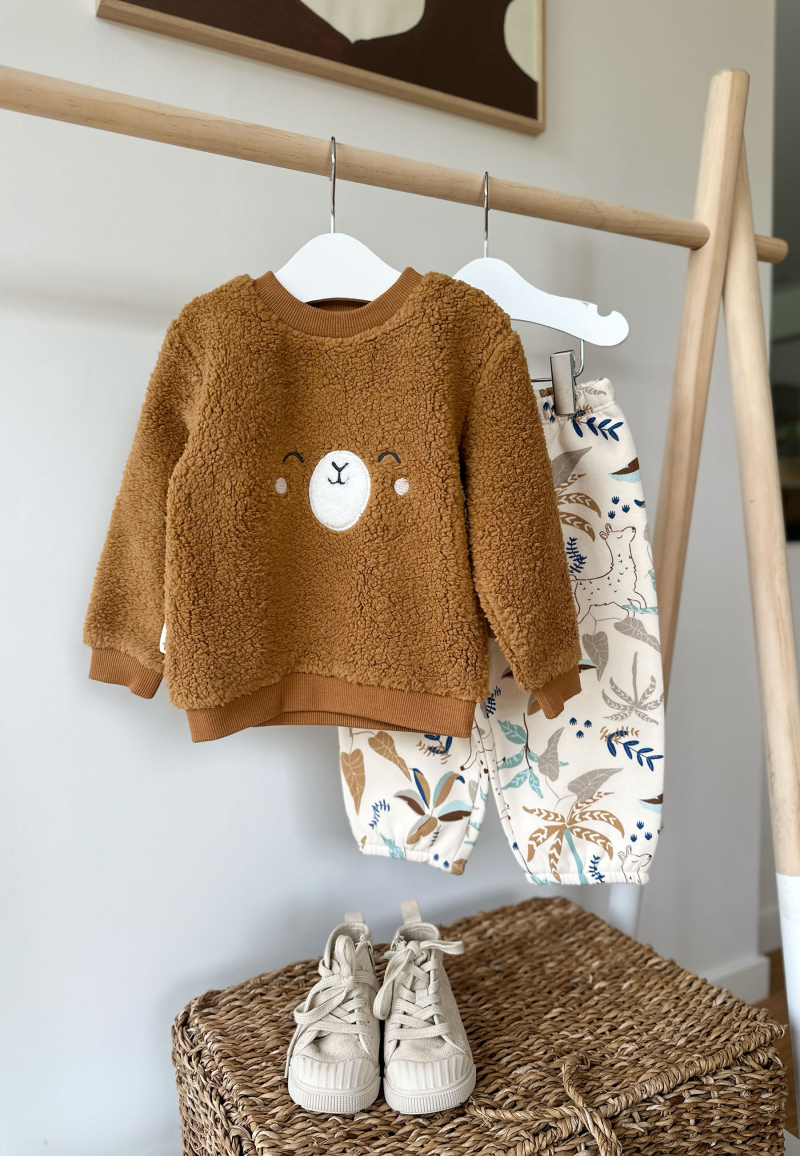 Ensemble bébé sweat-shirt en sherpa et pantalon en molleton camel Lamascotte