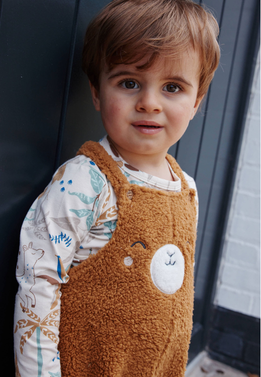 Ensemble salopette bébé en sherpa camel et t-shirt Lamascotte