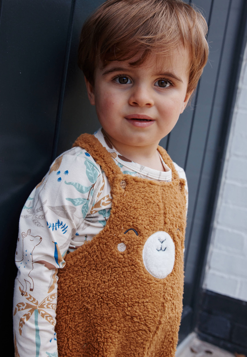 Ensemble salopette bébé en sherpa camel et t-shirt Lamascotte