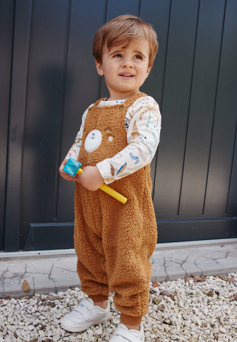 Ensemble salopette bébé en sherpa camel et t-shirt Lamascotte