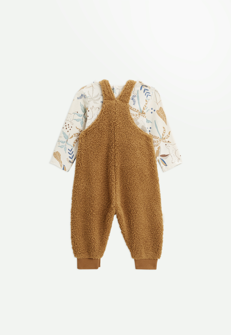 Ensemble salopette bébé en sherpa camel et t-shirt Lamascotte