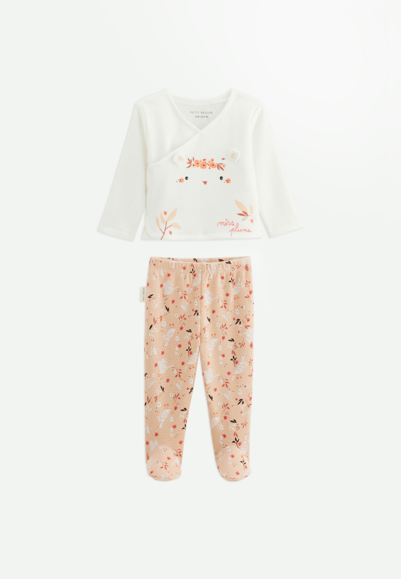 Ensemble bébé gilet et pantalon en coton nid d'abeille Miss Plume